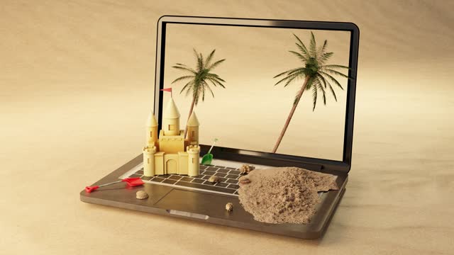 3d animation of open laptop with with green palm trees and castle near soil