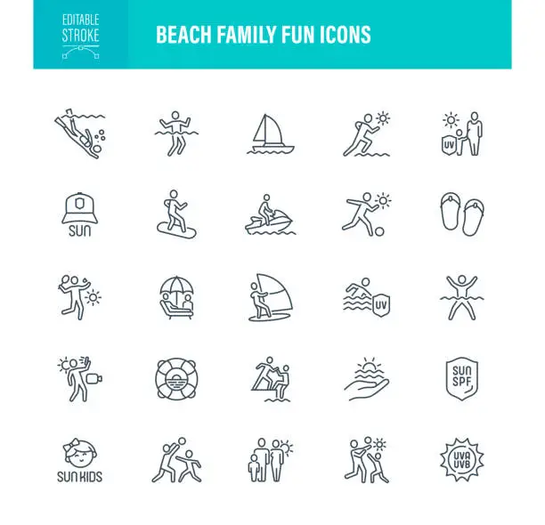 Vector illustration of Beach Family Icons Editable Stroke