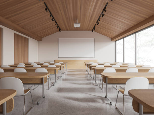 istock Wooden class room interior with chairs in row and mock up projection screen 1949336628