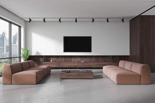 Interior of modern living room with white walls, concrete floor, two comfortable brown sofas standing near coffee table and TV set on the wall. 3d rendering