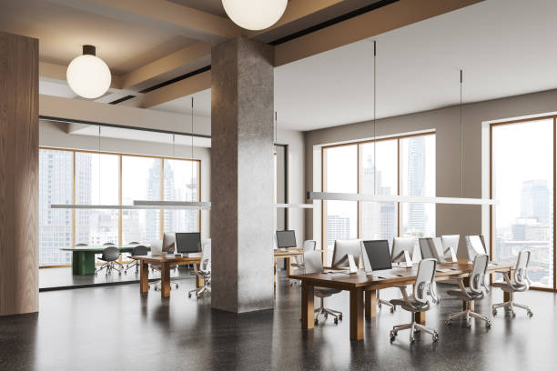 istock Cozy office interior with coworking and conference corner, panoramic window 1949350286