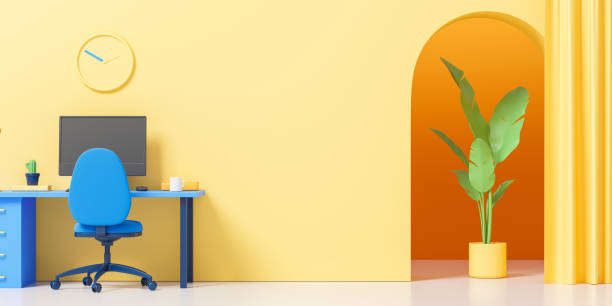 istock Cartoon office interior with table and computer, plant and mock up wall 1949354958