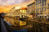 Holidays in Italy - Naviglio Grande canal in Milan in sunset