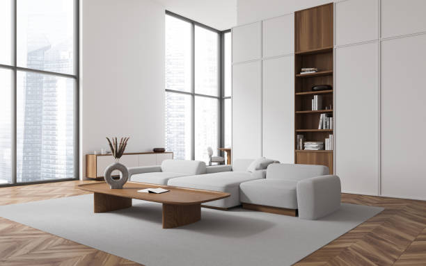 istock Cozy home living room interior with chill and eating zone, panoramic window 1949356531