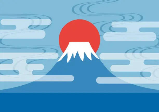 Vector illustration of sunrise and Mt. Fuji seen through the clouds