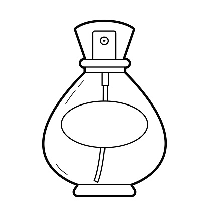 Bottle of eau de toilette on a white background. Black-and-white outline Illustration, design elements. Vector