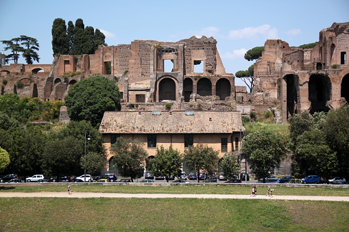 Rome, Italy 06-09-2014 View of the ruins of Hippodrome Stadium of Domitian at Palatine Hill in Rome, Italy.