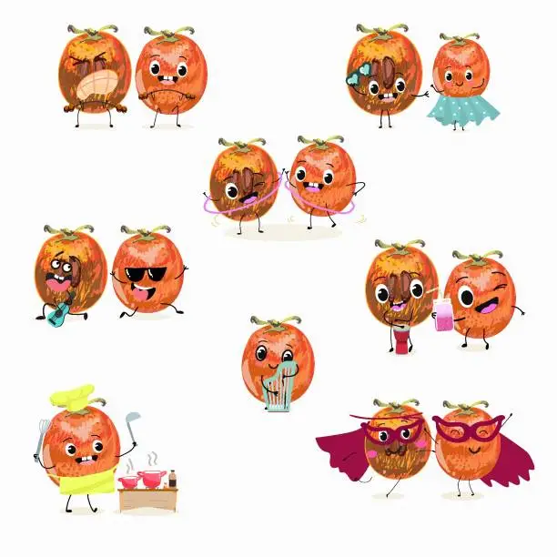 Vector illustration of Cute cartoon persimmon characters set, collection. Flat vector illustration. Activities, playing musical instruments, sports, funny fruits, berries, berry.