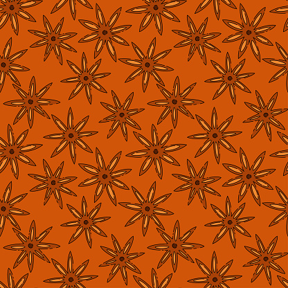 Star Anise warm seamless pattern. Dried Star Aniseed seeds Used for Seasoning in Cooking.Vector illustration