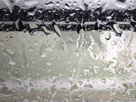 Raindrops On Window. Gray - Beige - Black Background. Close - Up.