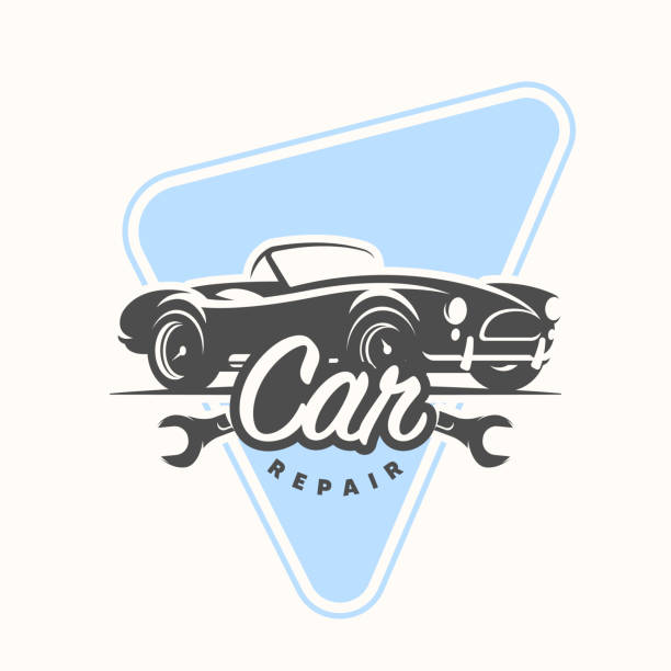 Service car repair logo, emblem, badge. Classic muscle car illustration