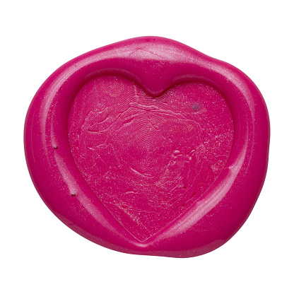 Pink wax seal with heart shape isolated on white background