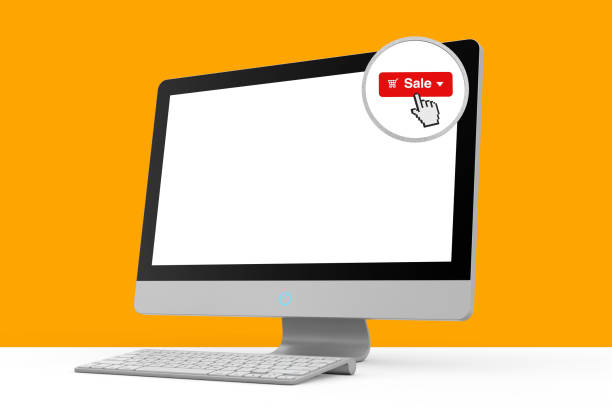 istock Online Shopping Concept. Modern Desktop Computer with Magnifier and Sale Button on the Screen. 3d Rendering 1949469827