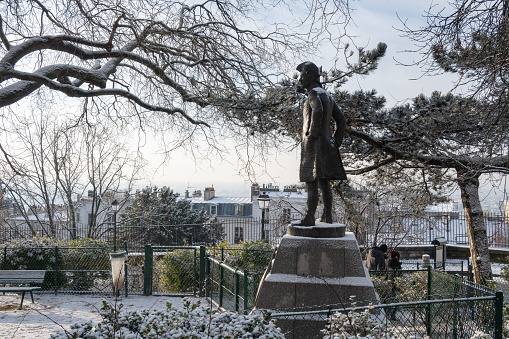 Paris, France, 18th of January 2024, Statue of Chevalier de la Barre at Square Nadar in18th arrondissement of Paris,