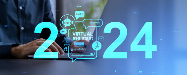istock Man typing on laptop, virtual assistant hologram with 2024 year and chat bot 1949490108