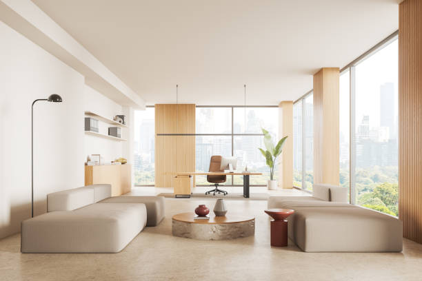 istock Modern office interior with ceo desk and relax place with panoramic window 1949491696