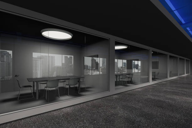 istock Grey glass office meeting room interior with table and chairs, tv screen 1949493773