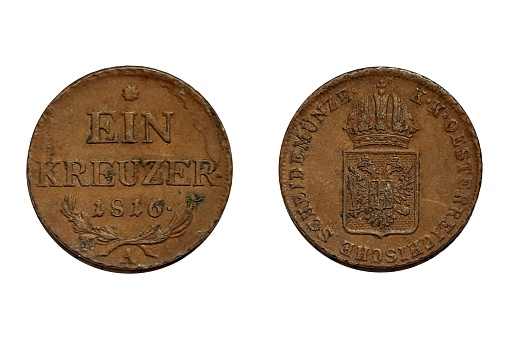 1 Kreuzer 1816 Franz I. Coin of Austrian Empire. Obverse Crowned shield. Reverse Star, value in German, date, wreath