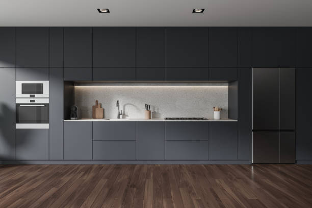 istock Grey home kitchen interior with shelves and refrigerator, cooking space 1949500171