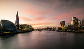 Skyline of London, UK. Long exposure dusk photo of both Thames banks