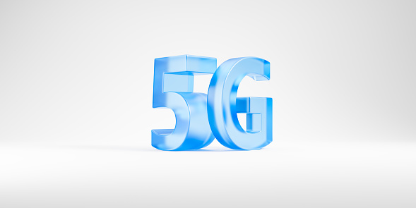 View of blue glass 5G sign over white background. Concept of communication, telecommunication and internet connection. 3d rendering