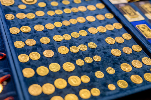 Gold coins in jewelry store