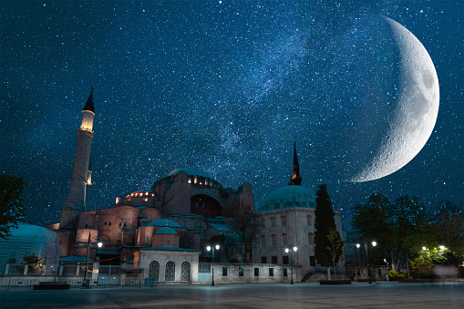Hagia Sophia and milky way with crescent moon. Ramadan or laylat al-qadr or kadir gecesi or islamic concept background photo.