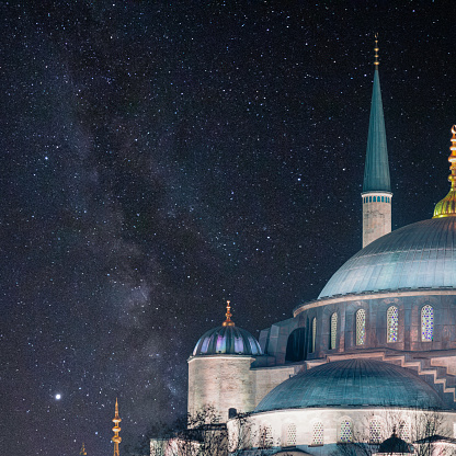 Blue Mosque or Sultanahmet Camii with milky way. Ramadan or laylat al-qadr or kadir gecesi or islamic concept background photo.