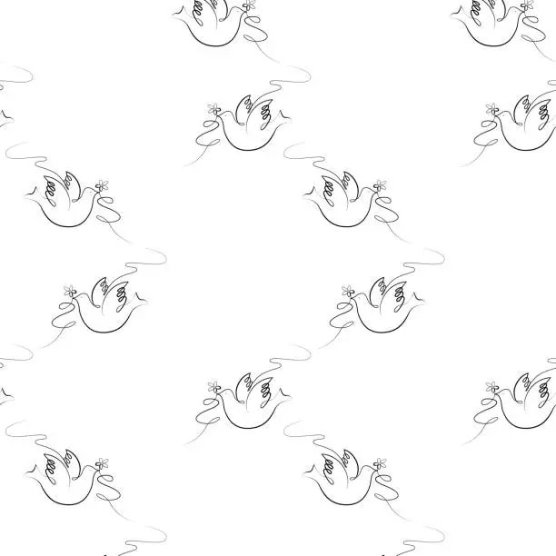 Vector illustration of Seamless pattern of doves and dark outline flowers on a white background. Dove of peace. Mail. Simple drawing in line art style. Vector illustration isolated.