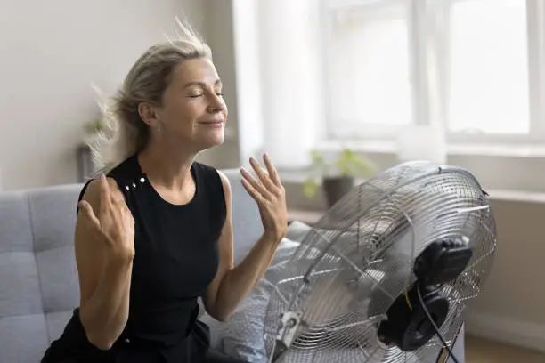 Smiling mature woman cooling herself using electric ventilator enjoy fresh air, sit on sofa in living room without air-conditioning system. High temperature degree inside, relieving heat, summertime