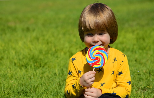 Positive child on a green meadow eats lolipop. Little boy in a yellow jacket, space for text. Portrait of a child