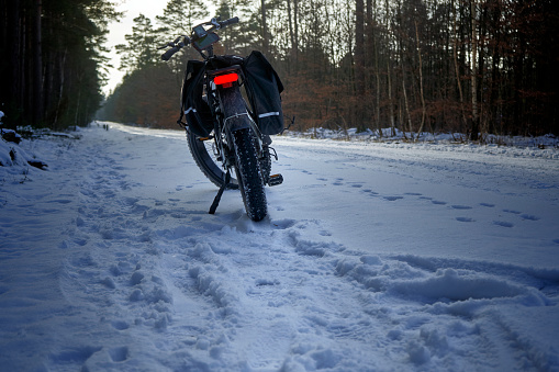 Rear View of an Electric Fat Bike on a Snow-Covered Forest Path, Bicycle Tour Germany