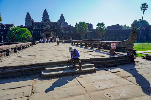 Siem Reap, Cambodia -December 11, 2023 : Angkor Wat temple complex in Cambodia. The largest temple in the world