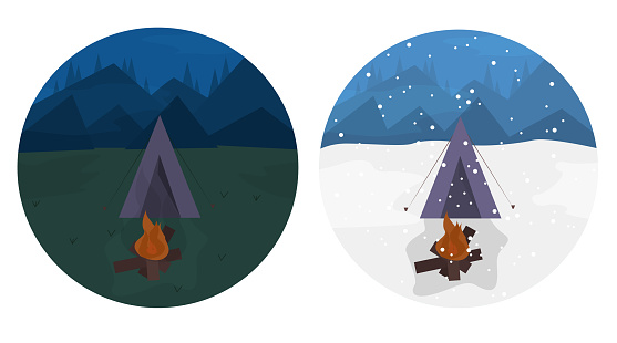 Illustrations of camping at different times of the year. Tent with fire in winter and summer. Seasonal set isolated on white background