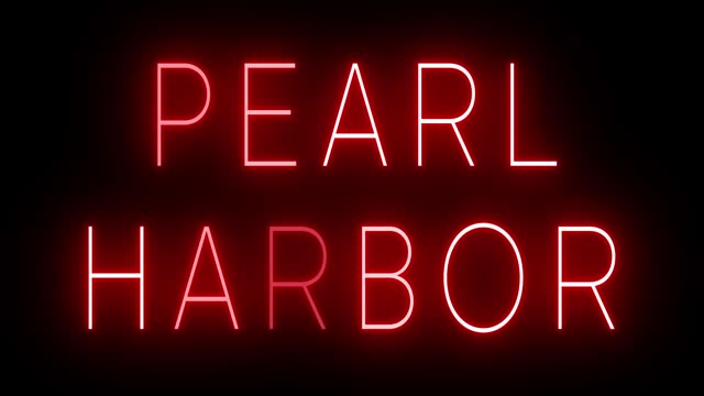 Glowing and blinking red retro neon sign for PEARL HARBOR