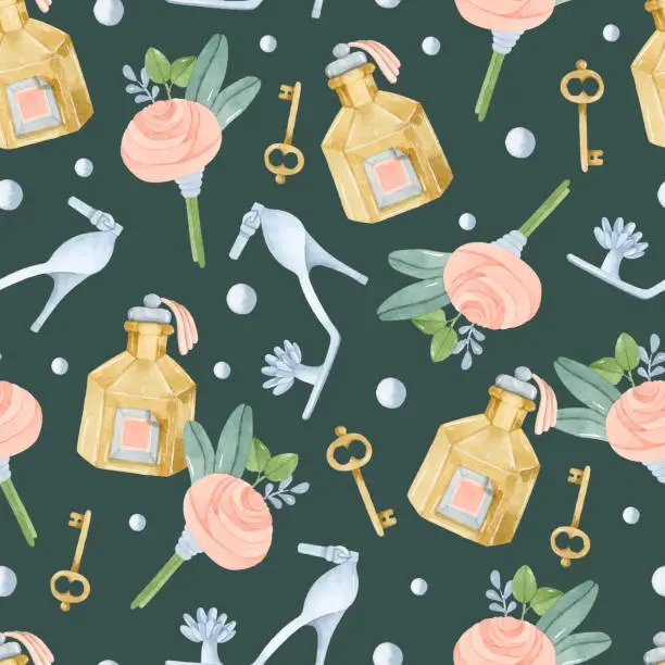 Vector illustration of Watercolor perfume bottle, wedding shoes and rose boutonniere seamless pattern on dark background