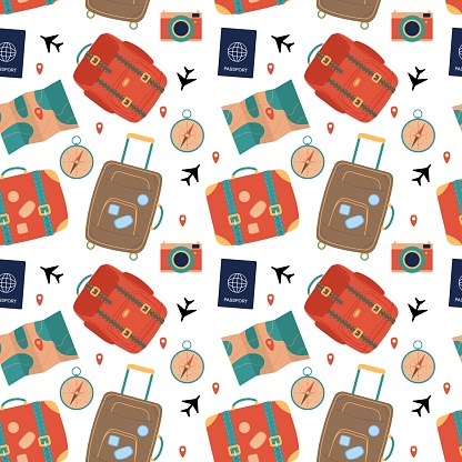 Seamless Travel Pattern Isolated On White Background Suitcases Passport ...