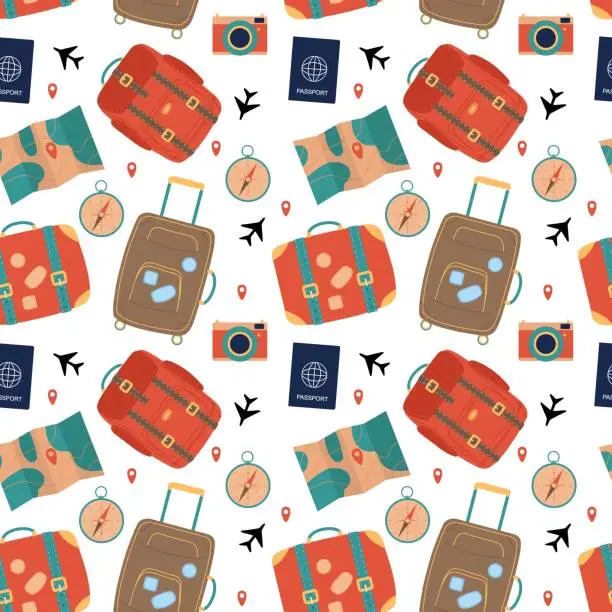 Vector illustration of Seamless Travel pattern isolated on white background. Suitcases, passport, map, camera, compass for travel and business trips. Endless texture about travel and tourism. Flat vector illustration.