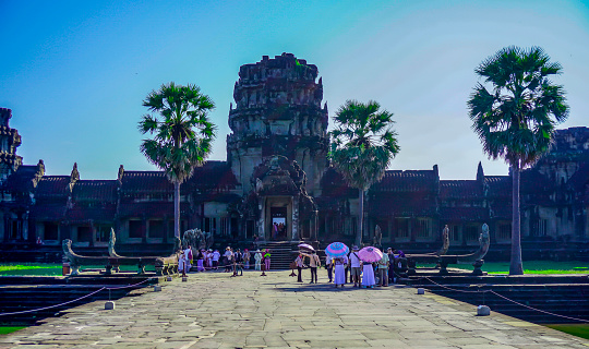 Siem Reap, Cambodia -December 11, 2023 : Angkor Wat temple complex in Cambodia. The largest temple in the world