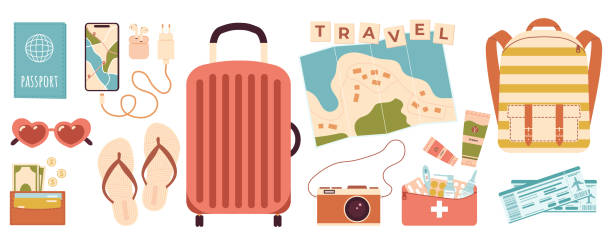 Big set of travel accessories for planning trip. Multicolored vector collection for travel time Big set of travel accessories for planning trip. Multicolored vector collection for travel time cosmetic bag clip art stock illustrations