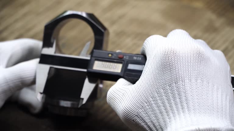 Work at the Heavy Industry Manufacturing Facility concept,technician measures metal parts by hand using a digital vernier caliper in a heavy product.