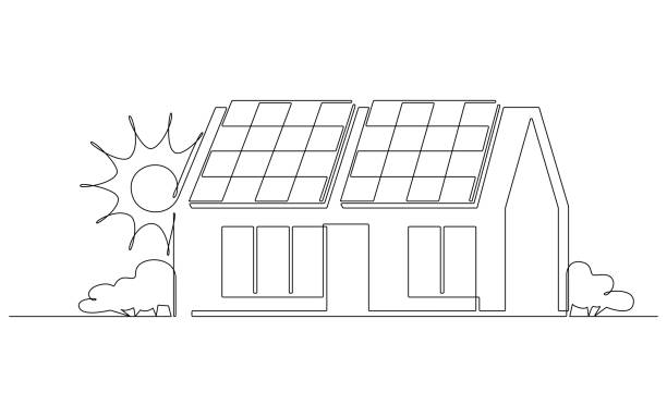 sonne, sonnenkollektor, haus durchgehende einzeilige symbolzeichnung - solar power station solar panel sun house stock-grafiken, -clipart, -cartoons und -symbole