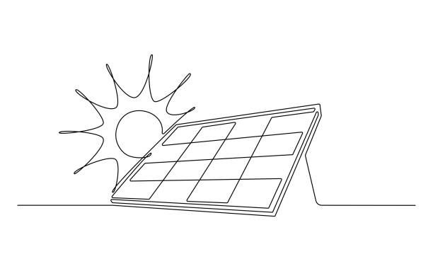 sun and solar panel continuous one line icon drawing - solar power station solar panel sun house stock-grafiken, -clipart, -cartoons und -symbole