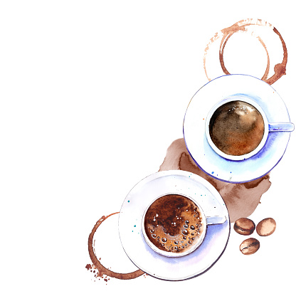 Top down view of coffee cups, coffee stains and beans. Watercolor illustration isolated on white background.