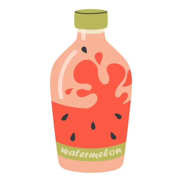 Vector illustration of Fresh watermelon juice in a glass bottle. Natural healthy fruit drink. Cooling summer red beverage jar.