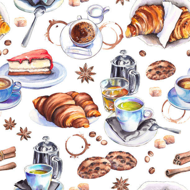 istock Seamless pattern with coffee and tea cups, cookies, cakes and croissants. 1949653663