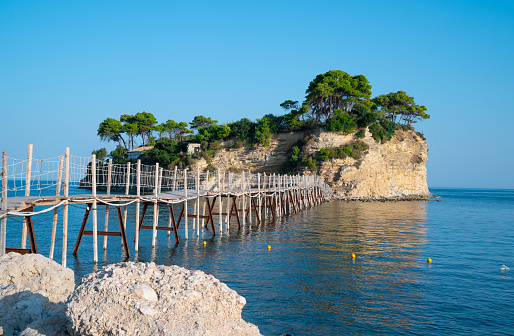 Small wooden bridge to an island in Zakynthos, Greece