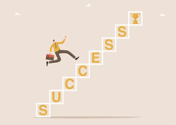 Vector illustration of Man running up the ladder of success