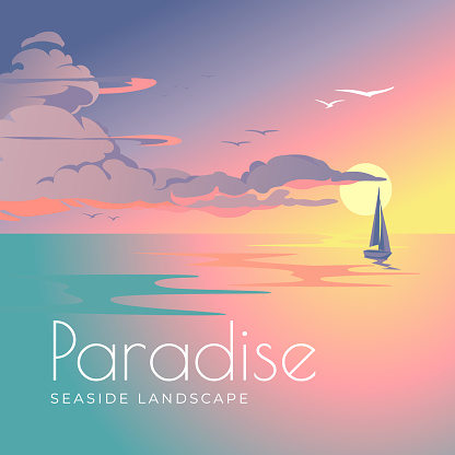 Sea sunset colorful landscape and yachts. Tourism and travel. Vacation in a tropical paradise. Vector illustration.