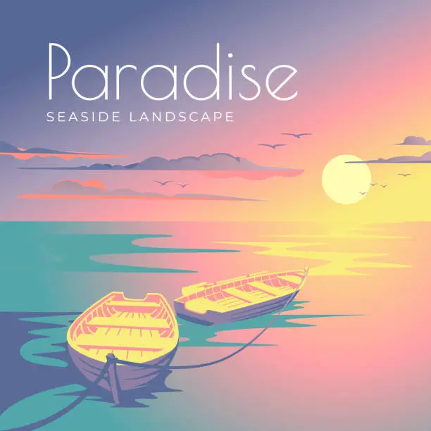 Vector illustration of Sea sunset colorful landscape and two boats. Tourism and travel. Vacation in a tropical paradise. Vector illustration.